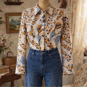 Vintage 1970s Women’s Face, Novelty Print, Pop Art Floral Button Down Blouse